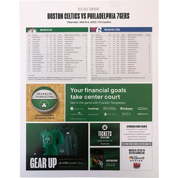 Boston Celtics v Philadelphia 76ers 3/6/2025 Lineup Roster Poster Al Horford - Picture 2 of 10